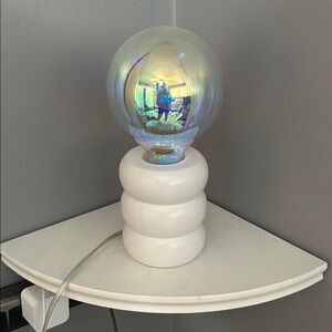 White Ceramic Table Lamp with Iridescent Glass Globe